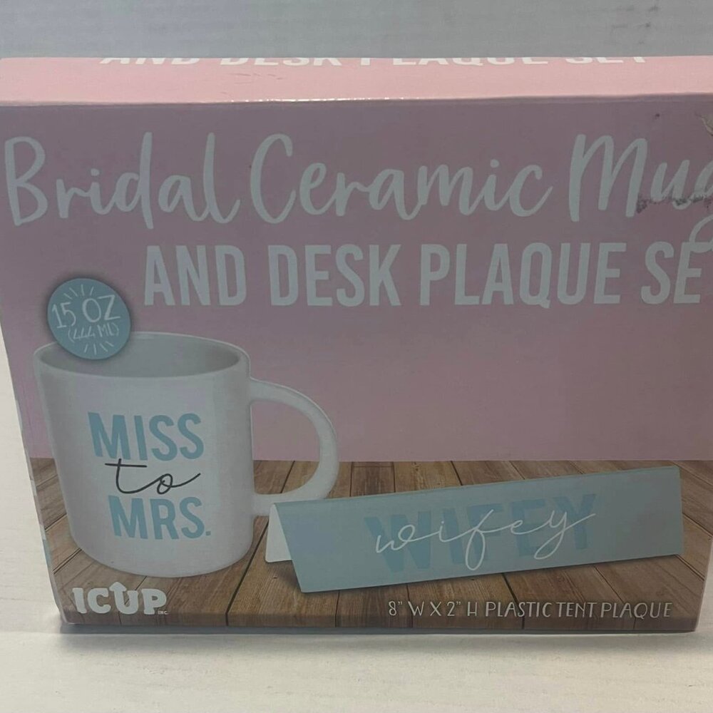 "Miss to Mrs." Wifey Bridal Ceramic Mug & Desk Plaque Gift Set  New in Box